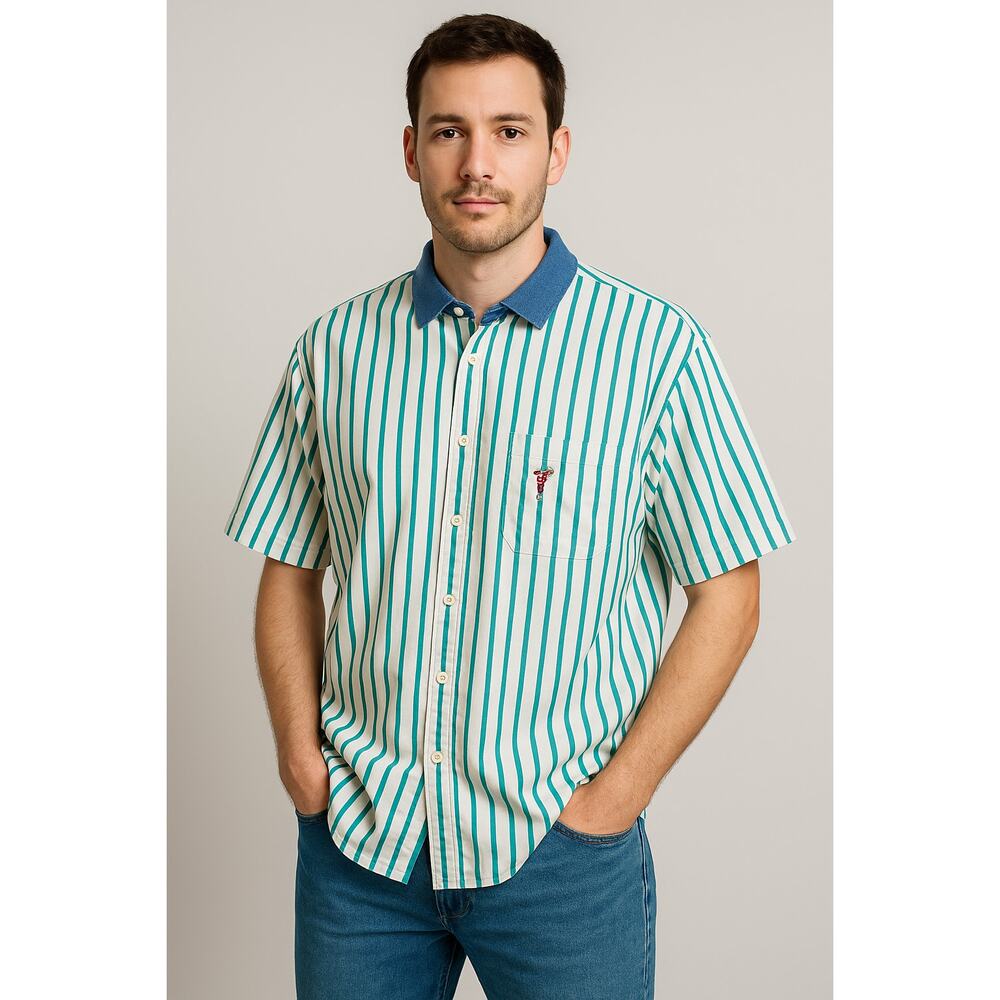 GANT Green Stripe Button Down Short Sleeve Shirt Denim Collar Large Vintage VTG